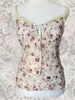 Lace-Up Floral Lace Ruffle Women’s Cream Small Coquette Cottagecore Cami
